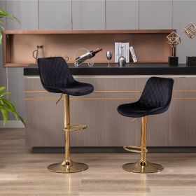 Set of 2 Bar Stools,with Chrome Footrest and Base Swivel Height Adjustable Mechanical Lifting Velvet + Golden Leg Simple Bar Stool-black