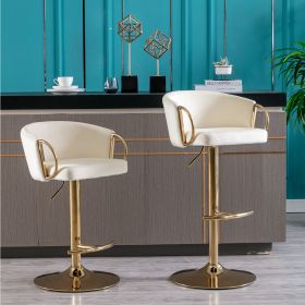 Set of 2 Bar Stools,with Chrome Footrest and Base Swivel Height Adjustable Mechanical Lifting Velvet + Golden Leg Simple Bar Stool-Ivory