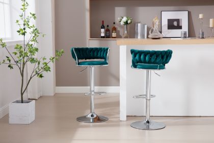 Set of 2 Bar Stools,with Chrome Footrest and Base Swivel Height Adjustable Mechanical Lifting Velvet + Bar Stool-GREEN