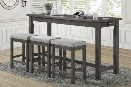 4pc Counter Height Dining Set Gray Finish Counter Height Table w Drawer Built-in USB Ports Power Outlets and 3 Stools Casual Dining Furniture