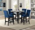 Transitional 5pc Round Counter Height Dining Table Set Faux Marble Upholstered Royal Blue Fabric Dining Room Wooden Furniture