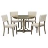 TREXM 5-Piece Retro Round Dining Table Set with Curved Trestle Style Table Legs and 4 Upholstered Chairs for Dining Room (Taupe)