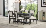 TREXM 7-Piece Dining Table with 4 Trestle Base and 6 Upholstered Chairs with Slightly Curve and Ergonomic Seat Back (Black)