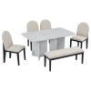 TREXM 6-Piece Modern Style Dining Set with Faux Marble Table and 4 Upholstered Dining Chairs & 1 Bench (White)