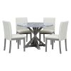 TREXM 5-Piece Farmhouse Style Dining Table Set, Marble Sticker and Cross Bracket Pedestal Dining Table, and 4 Upholstered Chairs (White+Gray)