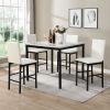 5pc White Counter Height Dining Set White Faux Marble Top Table and 4x White Counter Height Chairs Metal Frame Black Casual Dining Furniture