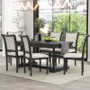 TREXM 7-Piece Dining Table with 4 Trestle Base and 6 Upholstered Chairs with Slightly Curve and Ergonomic Seat Back (Black)