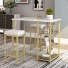 TREXM 3-piece Modern Pub Set with Faux Marble Countertop and Bar Stools, White/Gold