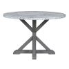 TREXM 5-Piece Farmhouse Style Dining Table Set, Marble Sticker and Cross Bracket Pedestal Dining Table, and 4 Upholstered Chairs (White+Gray)