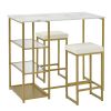 TREXM 3-piece Modern Pub Set with Faux Marble Countertop and Bar Stools, White/Gold