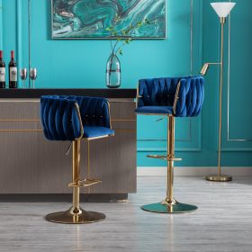 Set of 2 Bar Stools,with Chrome Footrest and Base Swivel Height Adjustable Mechanical Lifting Velvet + Golden Leg Simple Bar Stool-Navy (Color: as Pic)